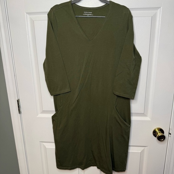 Eileen Fisher Olive Green 3/4 Sleeve Dress Organic Cotton Blend Size Small GUC - Picture 1 of 6